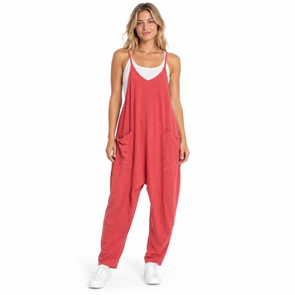 Free People FP Movement Hot Shot Jumpsuit Coral Pink XS Harem Oversized